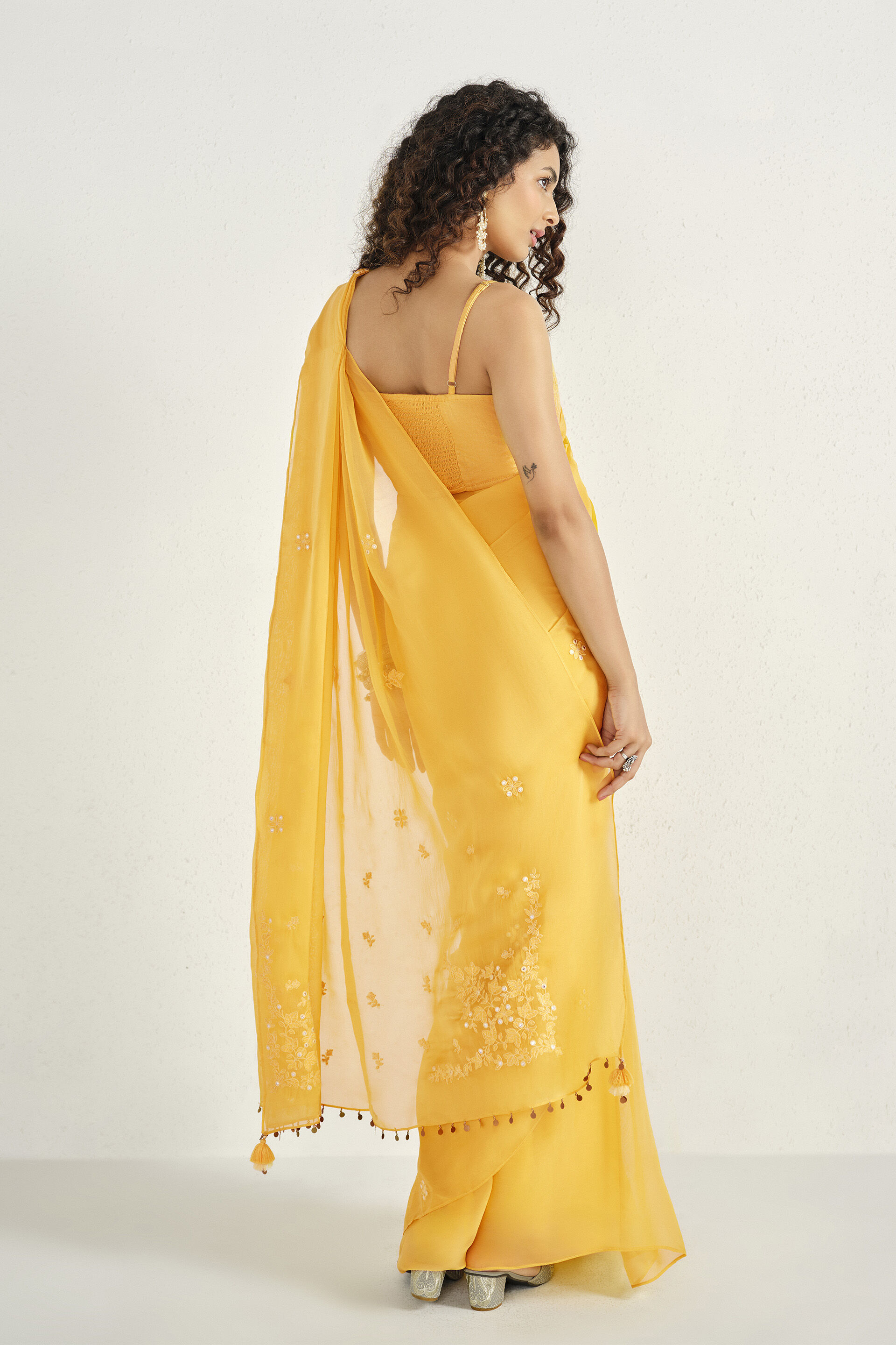 Lemon Glow Embroidered Saree, Yellow, image 6